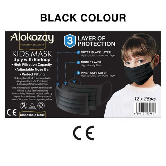 Kids face mask (black colour) - 25pcs x 12 - ALOKOZAY