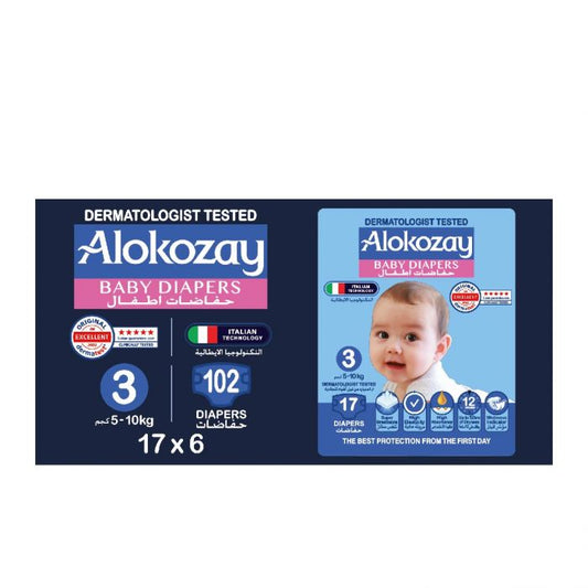 BABY DIAPERS - SIZE 3 (5-10 KG) - 102 DIAPERS - ALOKOZAY